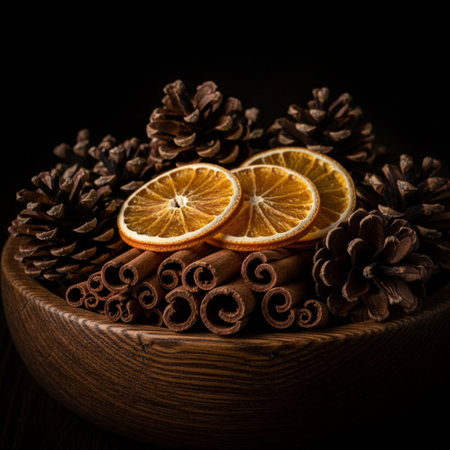 Cinnamon sticks and dried orange slices in wooden bowl on black backgroundの素材