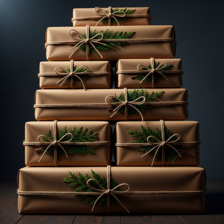 Christmas gift boxes with fir tree branches on wooden background. 3d renderの素材