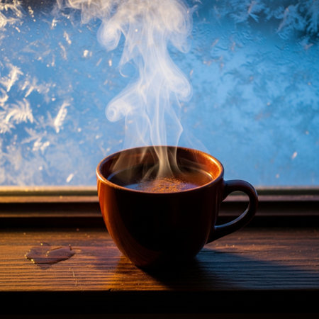 Cup of hot coffee on the window sill with snowflakesの素材