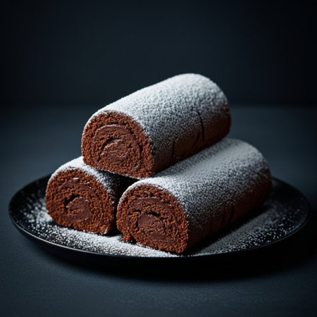 Chocolate roll cake with icing sugar on black plate over dark backgroundの素材