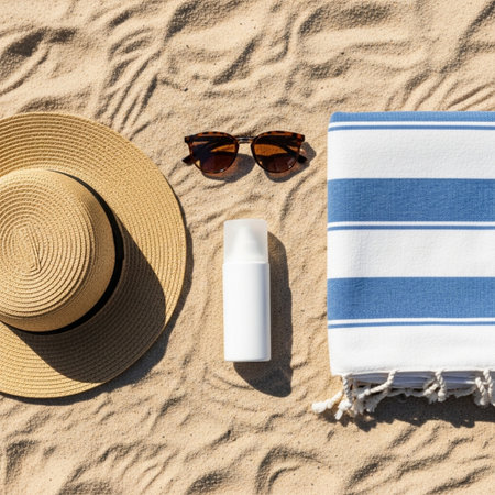 Beach accessories on sand. Straw hat, sun glasses, sunscreen lotion.の素材