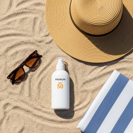 Sunscreen bottle with sun glasses and straw hat on sand. Top viewの素材