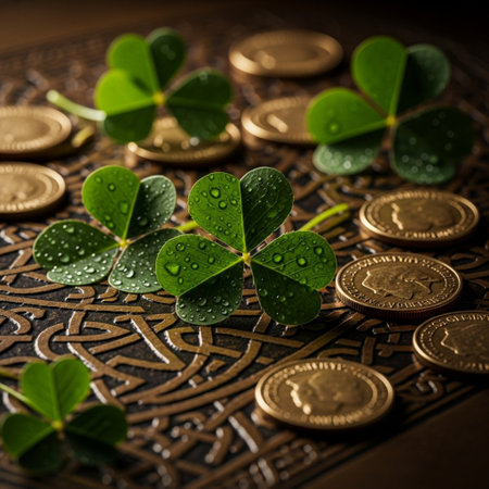 four-leaf clover and coins on a dark background. St. Patrick's Dayの素材