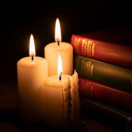 Candles and books on a dark background. Selective focus. Toned.の素材