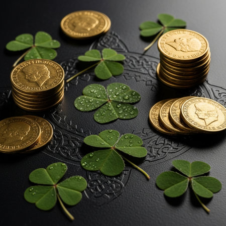 St. Patrick's Day coins with clover leaf on black backgroundの素材