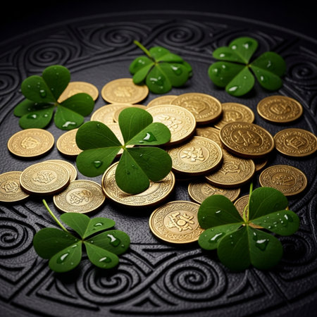 Clover leaves and gold coins on a black background. St. Patrick's Day.の素材