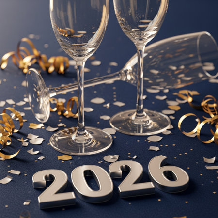 New Year 2020 celebration background with champagne glasses and golden confetti.の素材