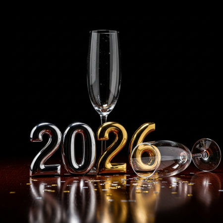 New Year 2016 with champagne glasses and golden numbers on a dark backgroundの素材