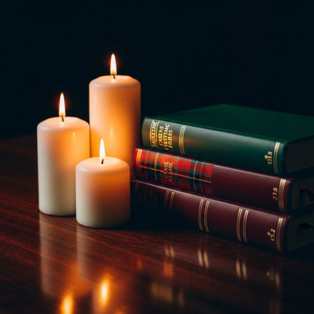 Books and candles on a wooden table. Retro style toned imageの素材