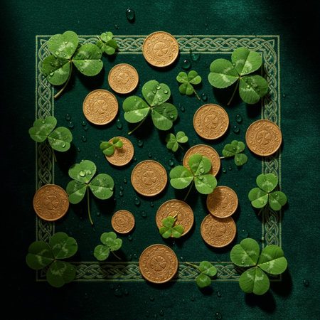 Four-leaf clover and gold coins on a green background.の素材