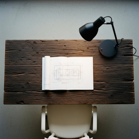 Top view of wooden desk with lamp and notebook. Workplace conceptの素材
