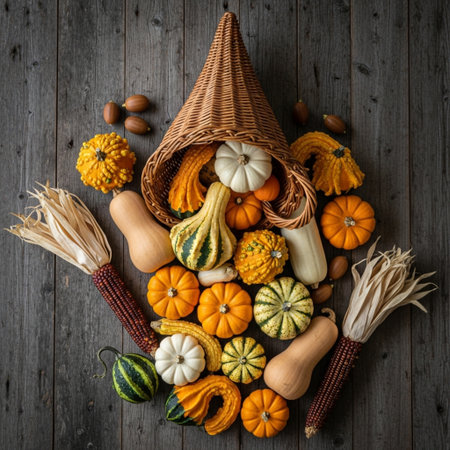 Autumn composition with pumpkins on rustic wooden background, top viewの素材