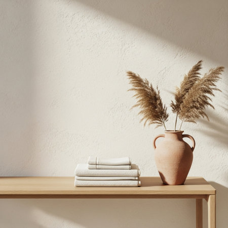Bouquet of dried pampas grass in vase on wooden shelf against white wallの素材