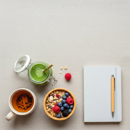 Healthy breakfast. Oatmeal with berries, green tea, notebook and pen on white background. Top view, copy spaceの素材