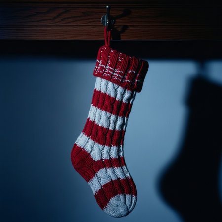 A pair of Christmas socks hanging on a wooden hanger in a dark roomの素材