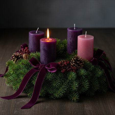 Christmas wreath with burning candles on wooden table, close-upの素材