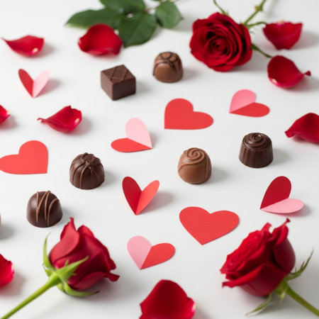Valentine's day background with red roses and chocolate candiesの素材