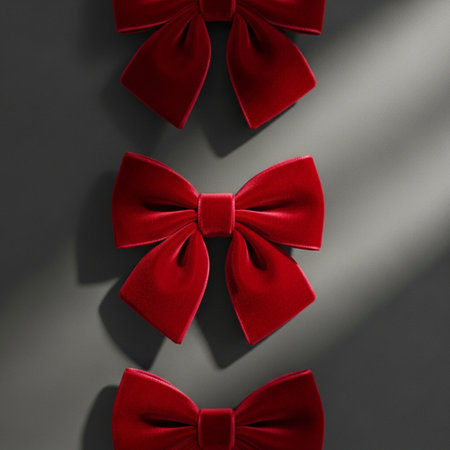 Three red bows on grey background. Flat lay, top view.の素材