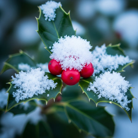 Holly berry covered with snow. Christmas and New Year background.の素材