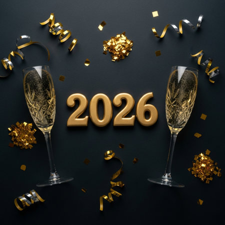 New Year 2020 celebration. Champagne glasses and golden numbers on black backgroundの素材
