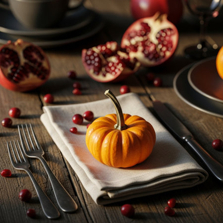 Pumpkin and cranberries on a wooden table. Selective focus.の素材