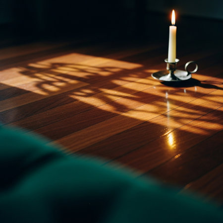 Candle on a wooden floor with a shadow of a tree.の素材