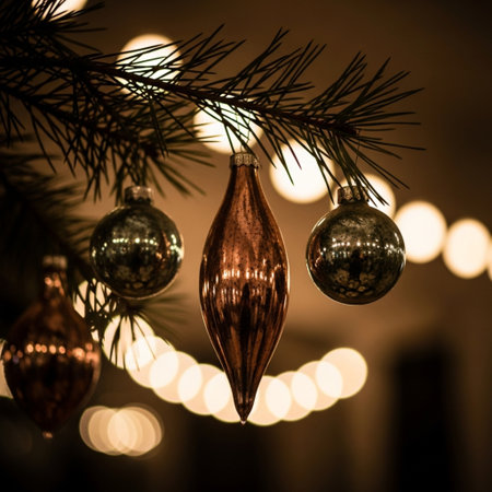 Christmas tree decoration with baubles and bokeh background.の素材