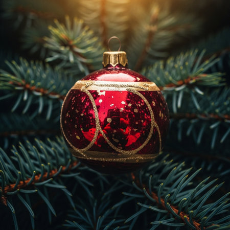 Christmas tree decoration on fir branches. Close up of christmas bauble.の素材