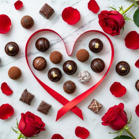 Valentine's day background with chocolate candies and red rosesの素材