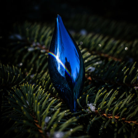 Blue glass Christmas tree toy on a green spruce branch close upの素材