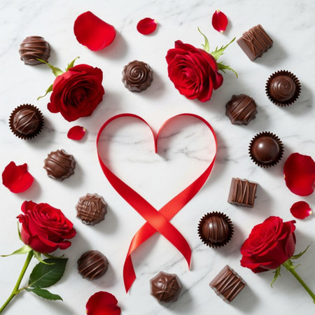 Valentine's Day background with red ribbon and chocolate candies. Top view.の素材