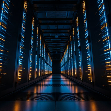 Server room data center. Backup, mining, hosting, mainframe, farm and computer rack with storage information. 3d renderの素材