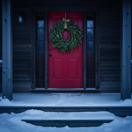 Wooden door with christmas wreath on the front door.の素材