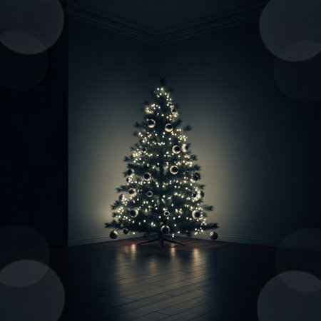 3d render of Christmas tree in dark room with christmas lightsの素材