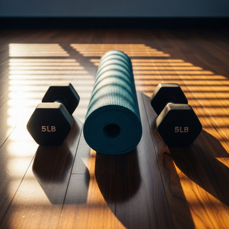 Dumbbells and yoga mat in a room with sunbeamsの素材