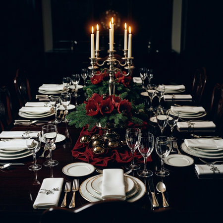 Festive table setting for a festive Christmas or New Year dinner.の素材