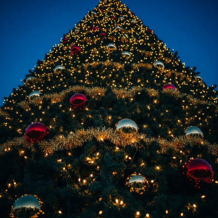 Decorated Christmas tree on a blue sky background with bokehの素材
