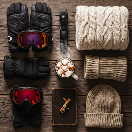 Winter sports accessories on wooden background. Top view with copy space.の素材