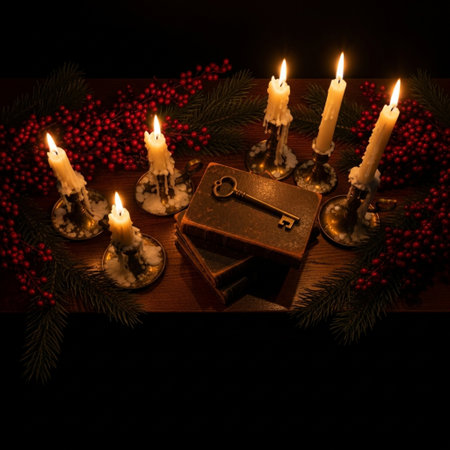 Burning candles and gift box on wooden table. Christmas background.の素材