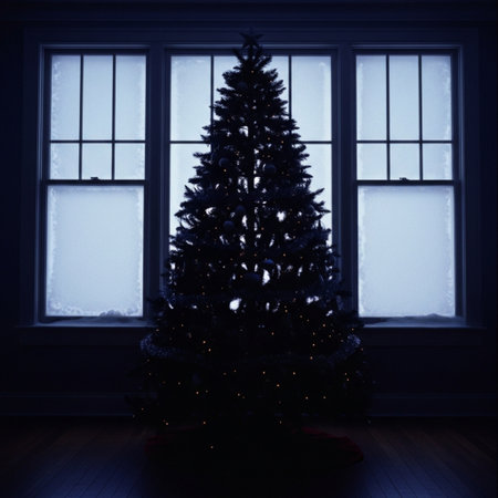 Christmas tree in the interior of a dark room with a large windowの素材