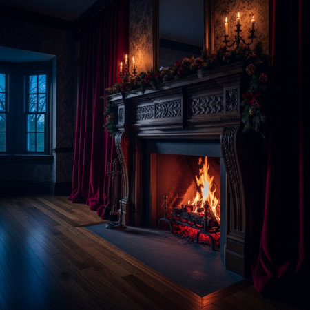 A beautiful fireplace in a dark room with red curtains and a wooden floor.の素材