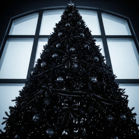 Christmas tree in front of the window, black and white photo.の素材