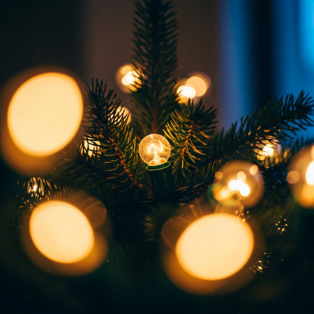 Decorated Christmas tree with glowing garland. Selective focus.の素材