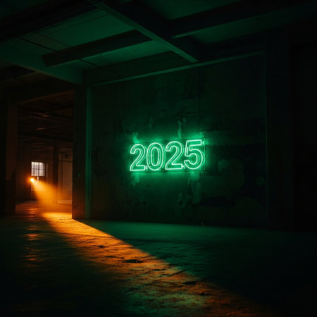 New year 2015 glowing neon sign in an underground passage. 3D renderingの素材