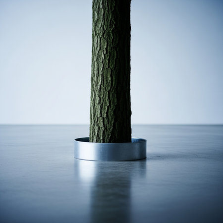 A vertical shot of a tree in a pot on a wooden surfaceの素材