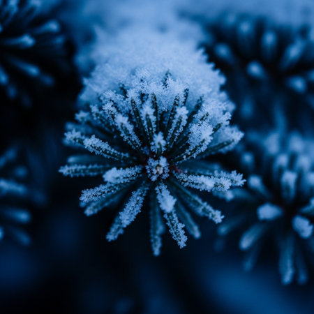 Close-up of pine needles covered with hoarfrost in winterの素材