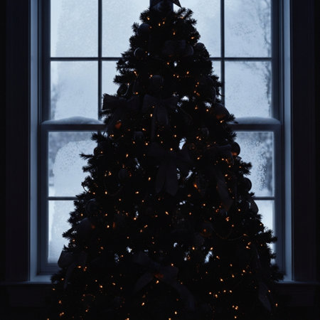 Decorated Christmas tree in front of a window with garlandの素材