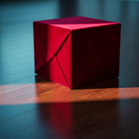 Red gift box on a wooden floor. Shallow depth of field.の素材