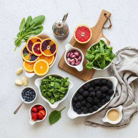 Healthy food ingredients for cooking, top view, white marble background.の素材