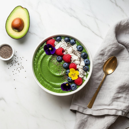 Healthy green smoothie bowl with chia seeds, raspberries, blueberries and avocado.の素材